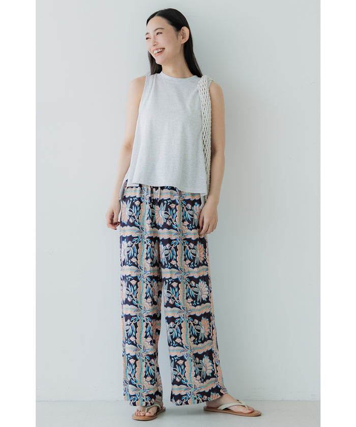 Ethnic style plaid pattern casual wide pants