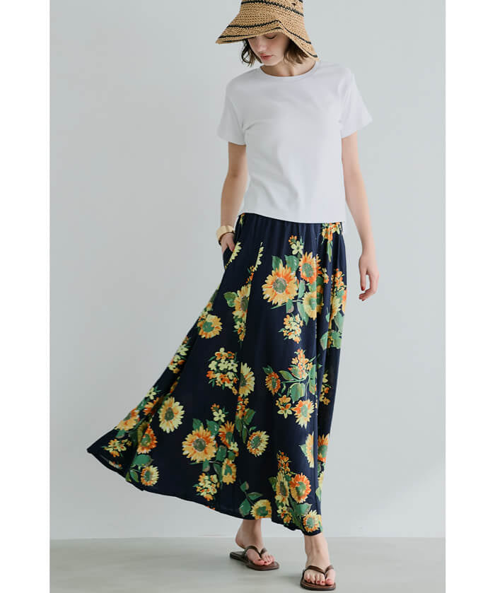 Sunflower print A-line skirt
