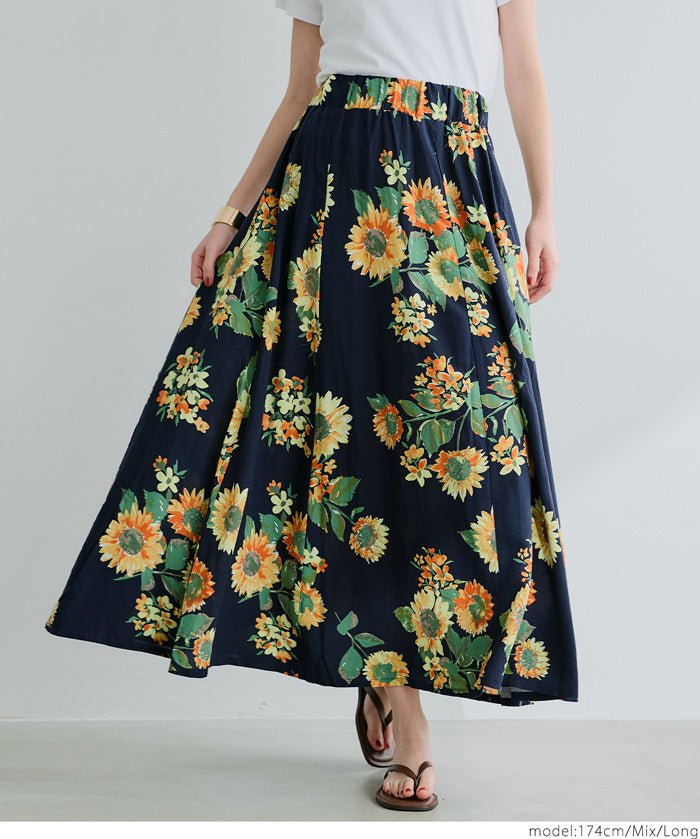 Sunflower print A-line skirt