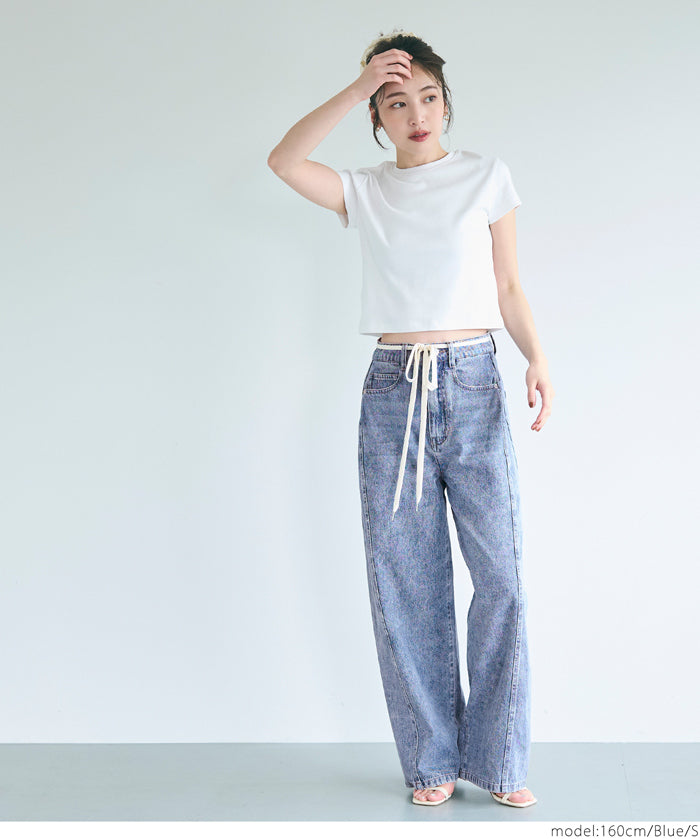 Lace-up washed wide-leg jeans