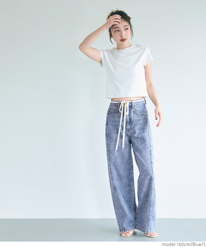 Lace-up washed wide-leg jeans