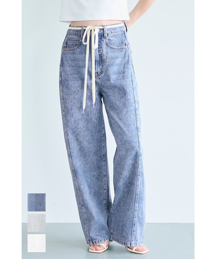 Lace-up washed wide-leg jeans