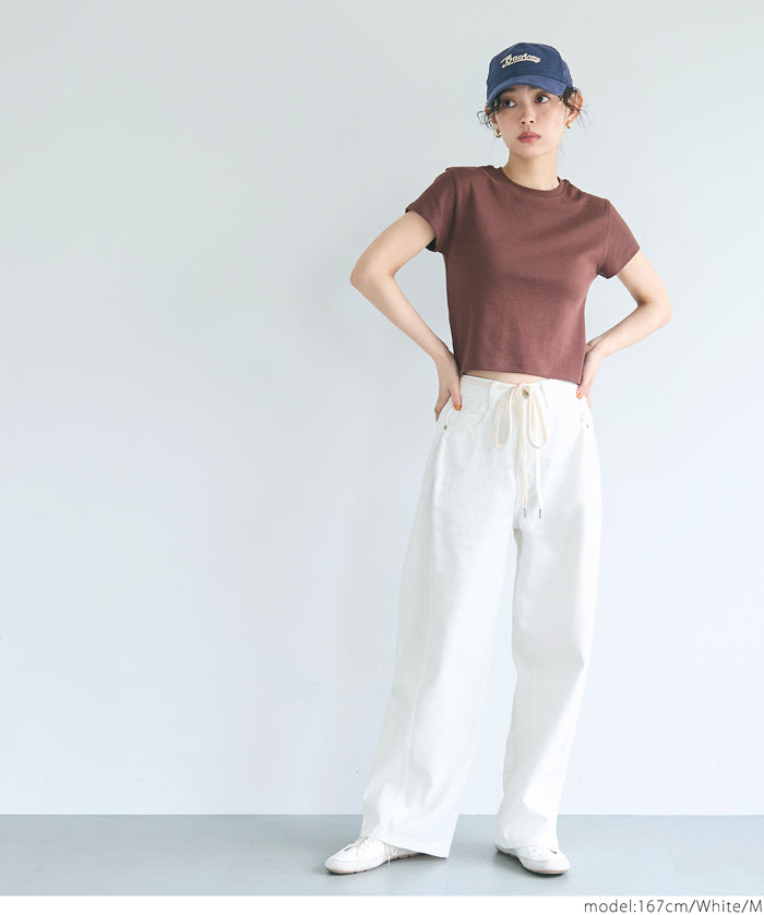 Lace-up washed wide-leg jeans