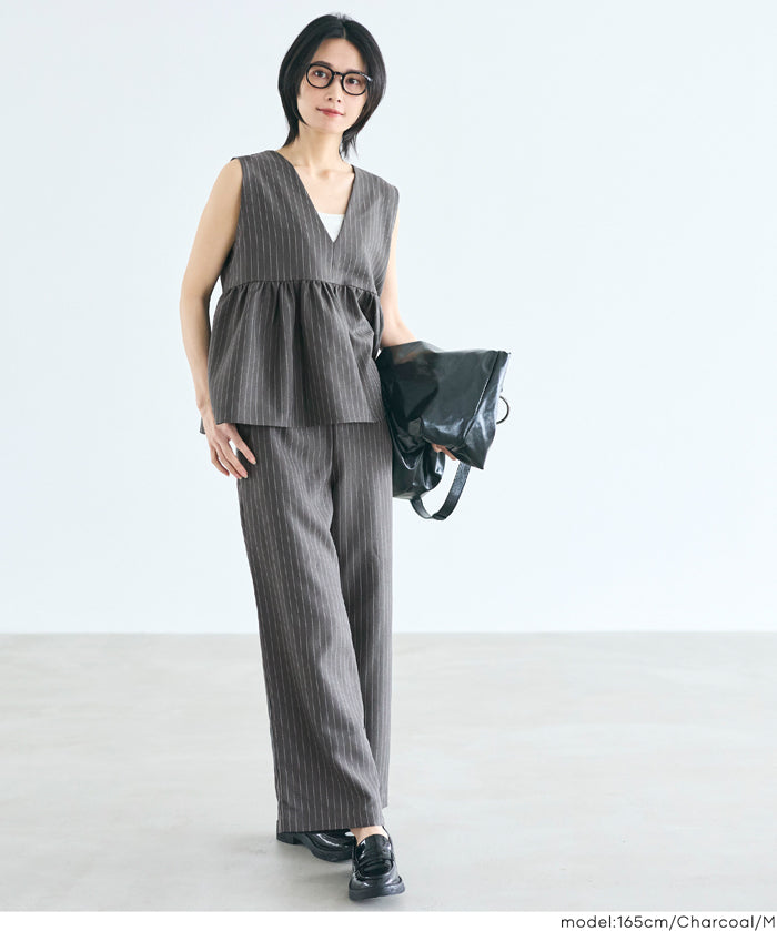 細直條紋抽繩休閒褲