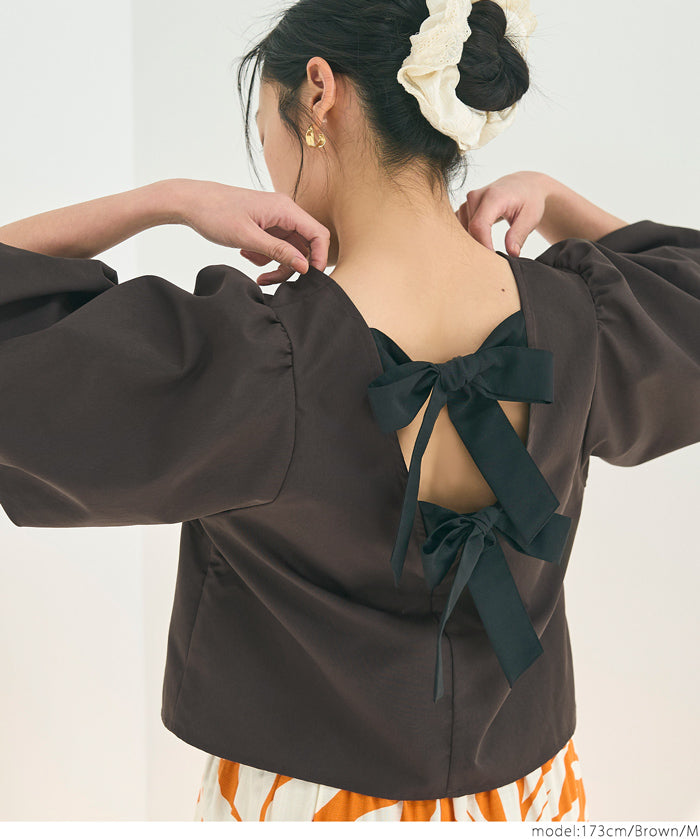 French Elegant Bow Puff Sleeve Cropped Top