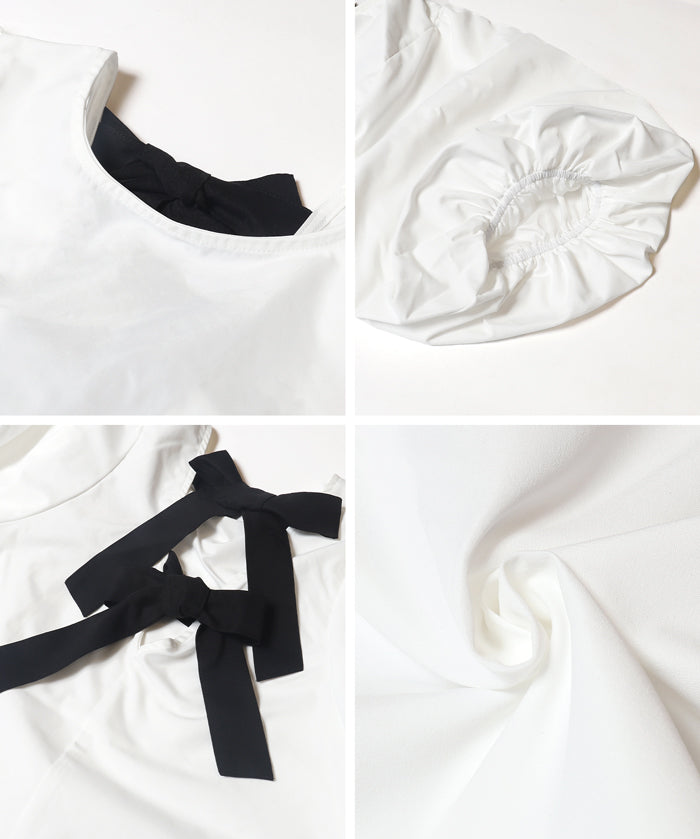 French Elegant Bow Puff Sleeve Cropped Top