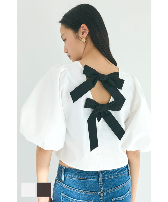 French Elegant Bow Puff Sleeve Cropped Top