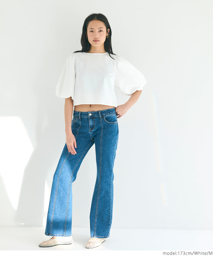 French Elegant Bow Puff Sleeve Cropped Top