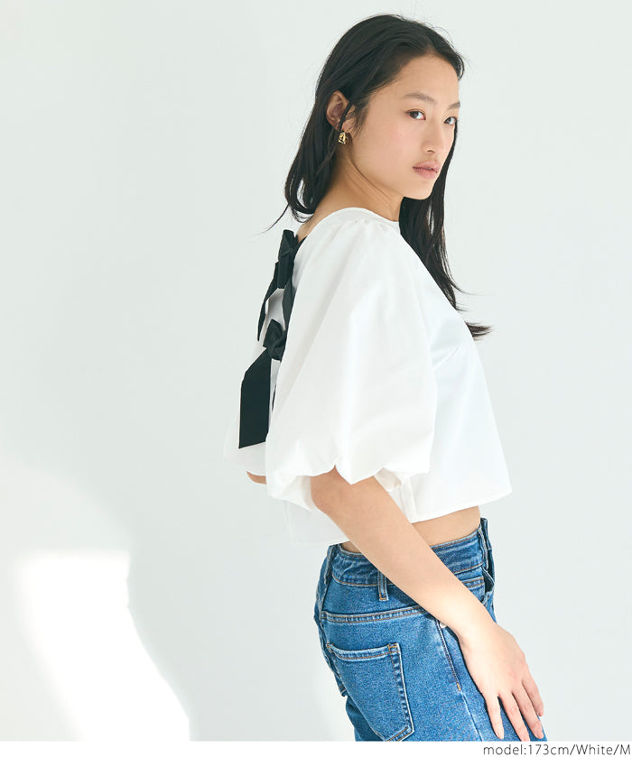 French Elegant Bow Puff Sleeve Cropped Top