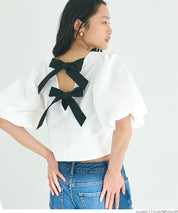 French Elegant Bow Puff Sleeve Cropped Top