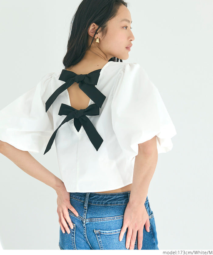 French Elegant Bow Puff Sleeve Cropped Top