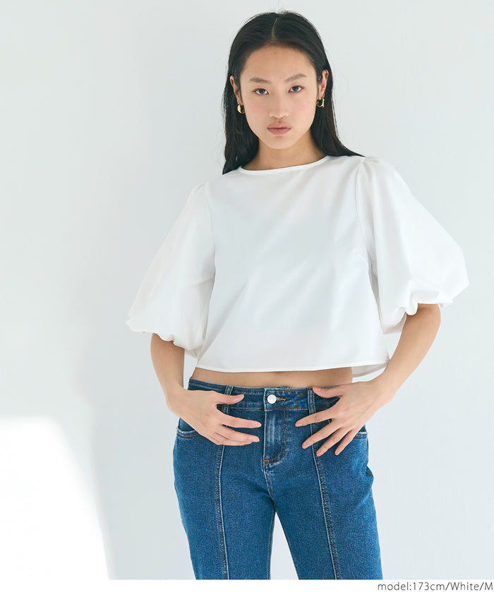 French Elegant Bow Puff Sleeve Cropped Top