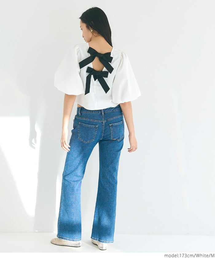 French Elegant Bow Puff Sleeve Cropped Top