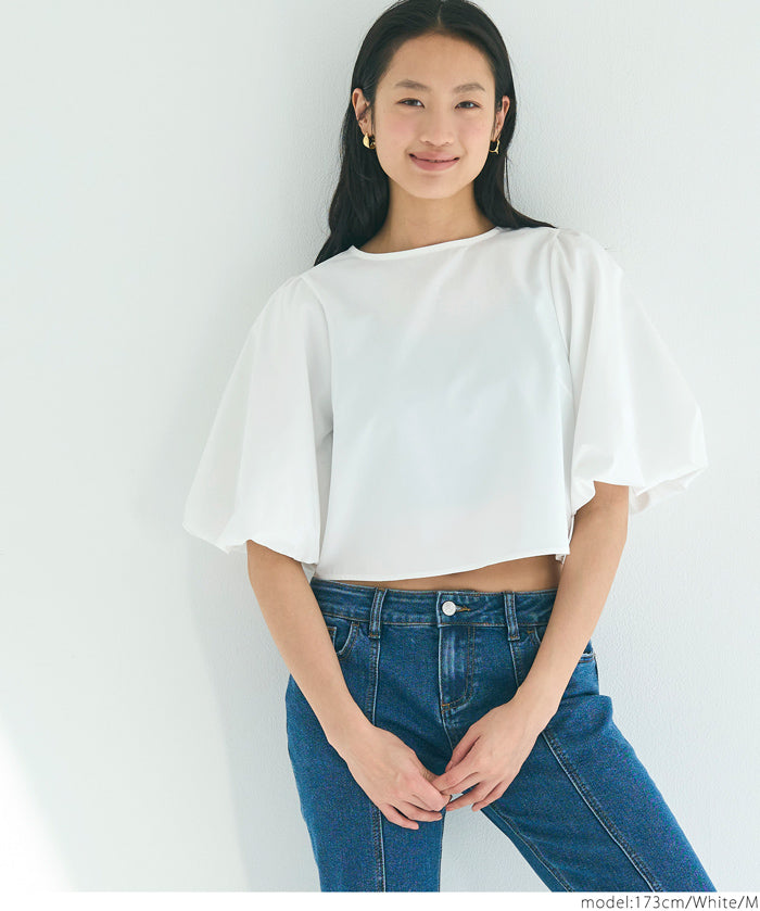 French Elegant Bow Puff Sleeve Cropped Top