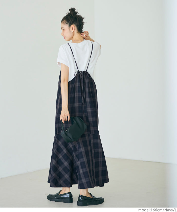 質感格紋細肩帶魚尾連身裙