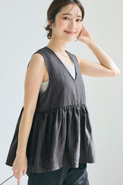 Japanese style V-neck wrinkled patchwork babydoll vest