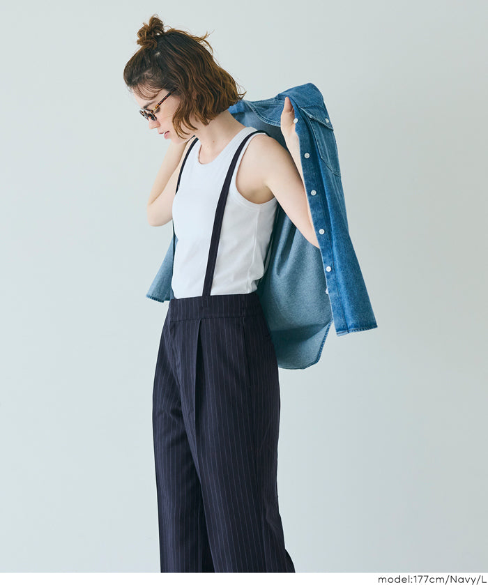 細直條紋英倫感2way吊帶褲