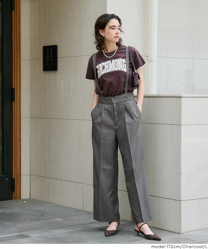 細直條紋英倫感2way吊帶褲