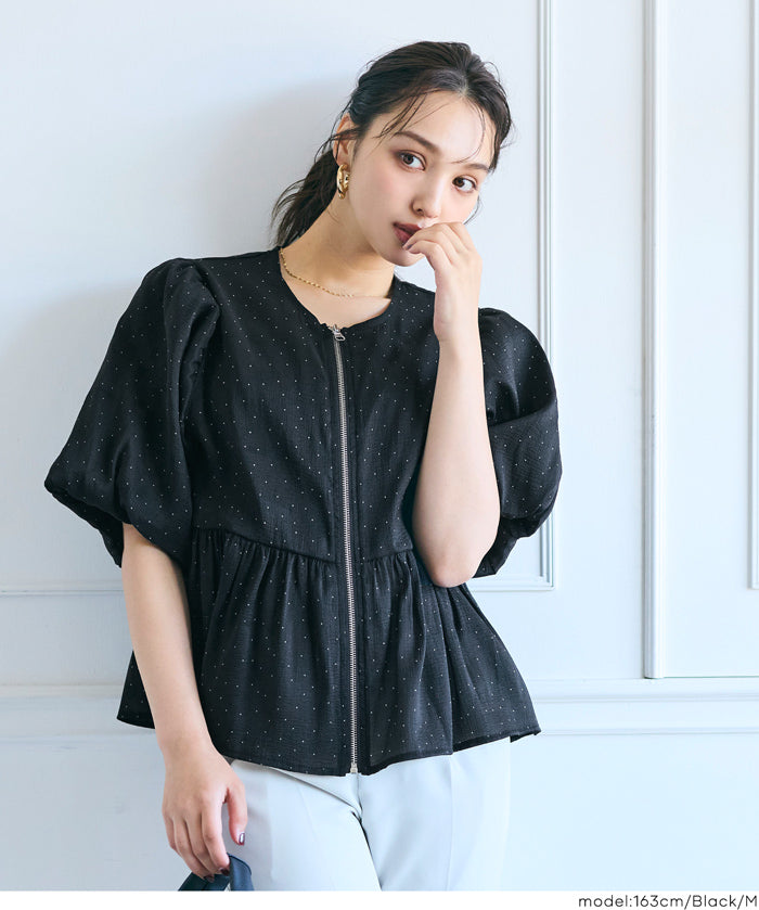 Japanese-style sheer puff sleeve pleated patchwork jacket
