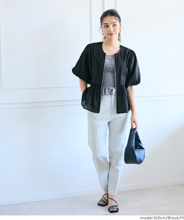 Japanese-style sheer puff sleeve pleated patchwork jacket