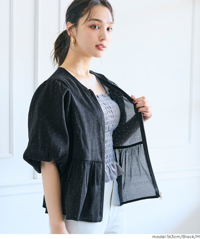 Japanese-style sheer puff sleeve pleated patchwork jacket