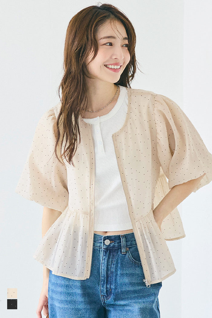 Japanese-style sheer puff sleeve pleated patchwork jacket