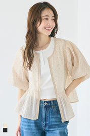 Japanese-style sheer puff sleeve pleated patchwork jacket