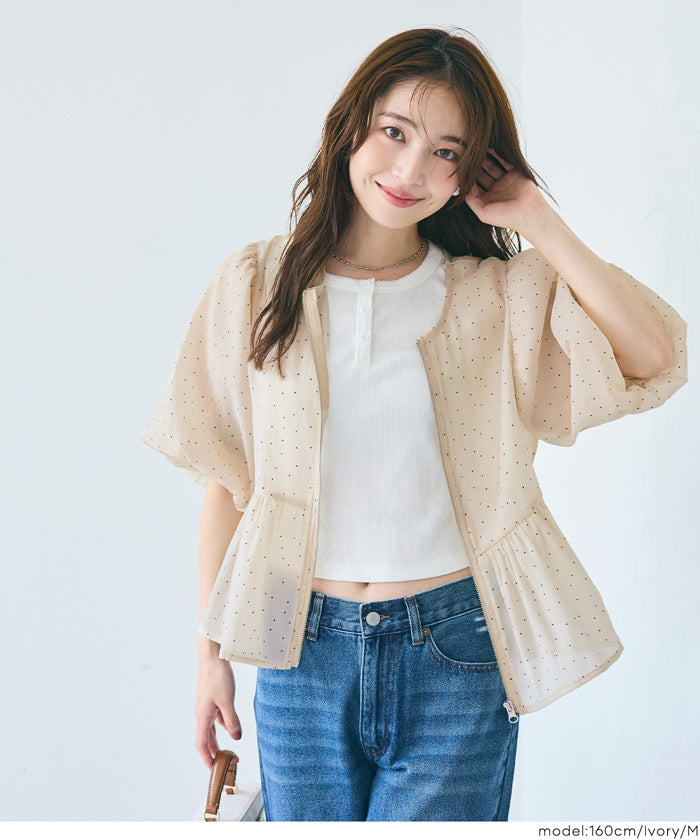 Japanese-style sheer puff sleeve pleated patchwork jacket