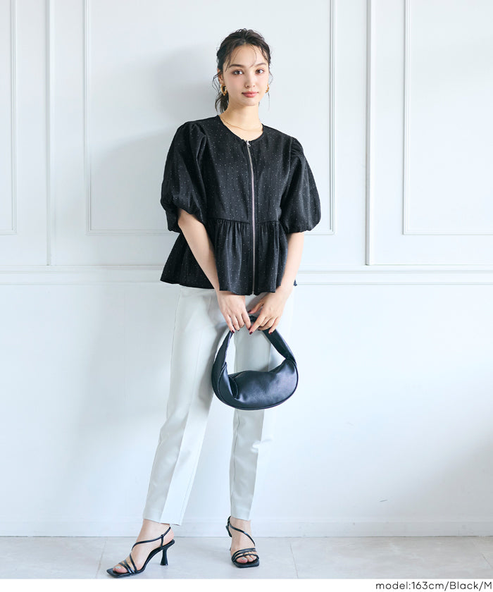 Japanese-style sheer puff sleeve pleated patchwork jacket