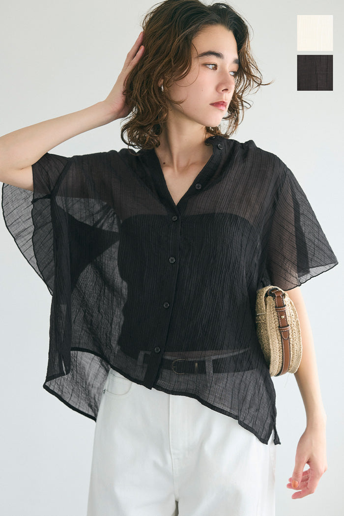 Japanese-style translucent lotus leaf round neck 2Way shirt