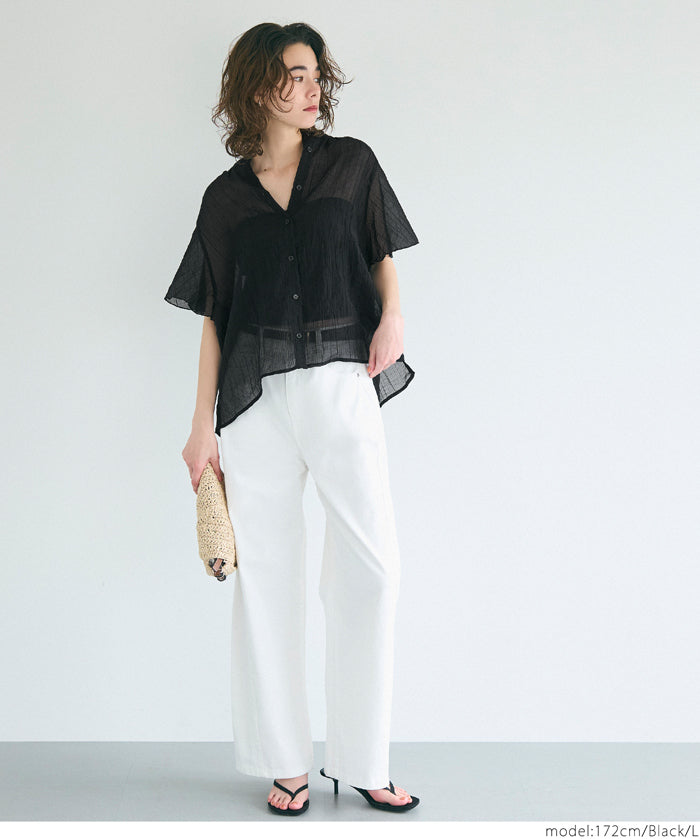 Japanese-style translucent lotus leaf round neck 2Way shirt