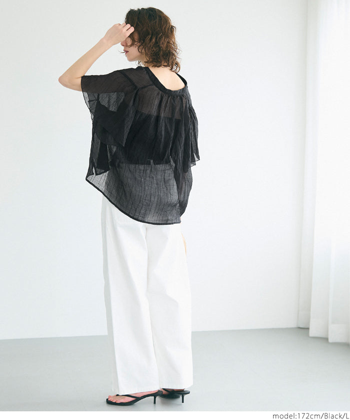 Japanese-style translucent lotus leaf round neck 2Way shirt