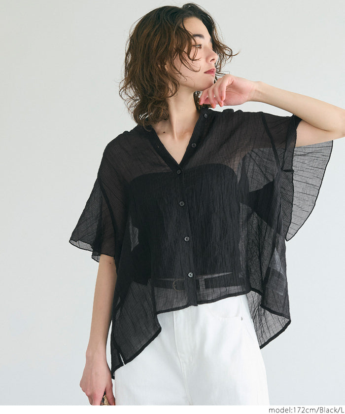 Japanese-style translucent lotus leaf round neck 2Way shirt