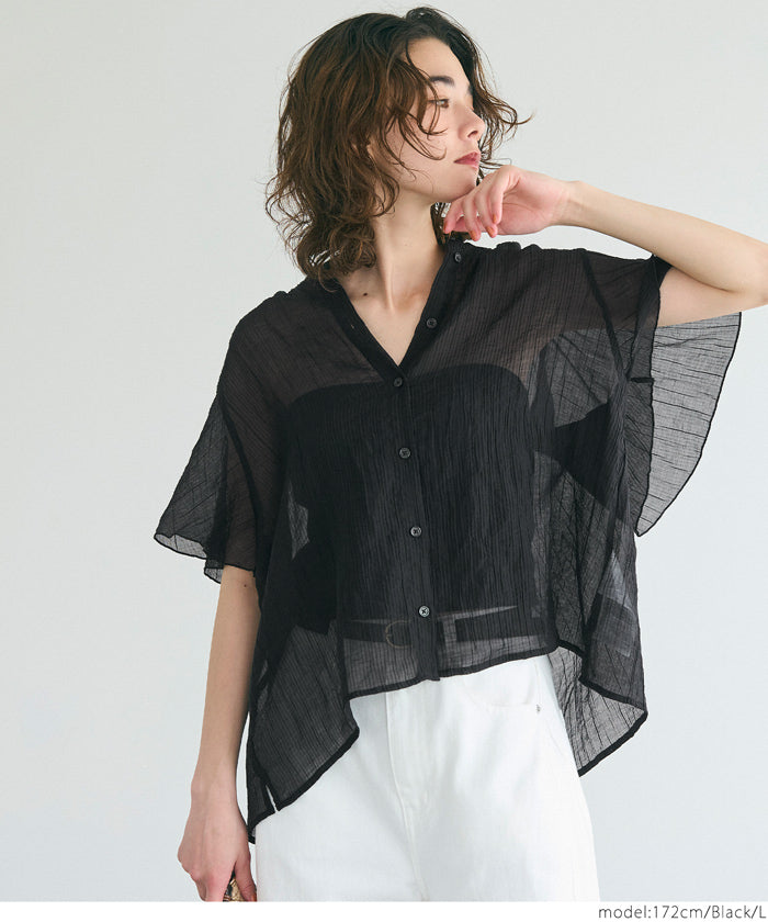 Japanese-style translucent lotus leaf round neck 2Way shirt