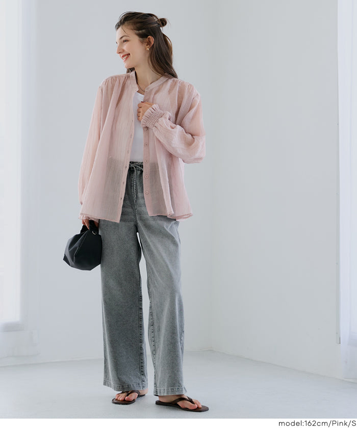 Round neck sheer A-line slim shirt