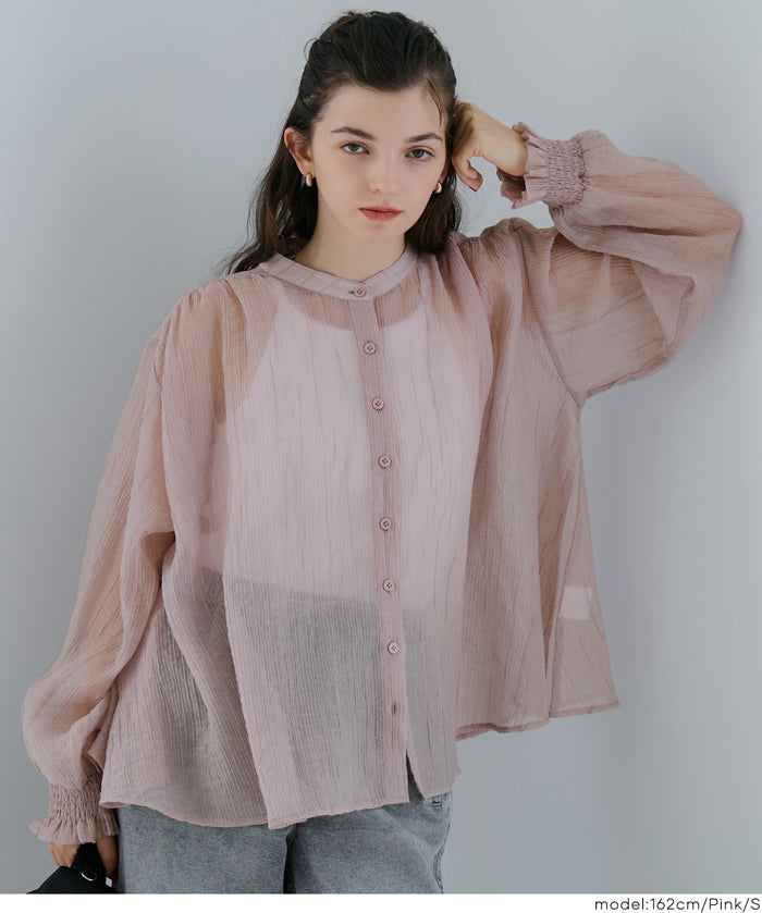 Round neck sheer A-line slim shirt