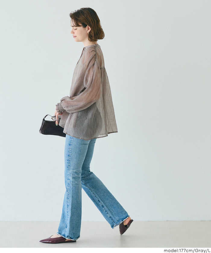 Round neck sheer A-line slim shirt