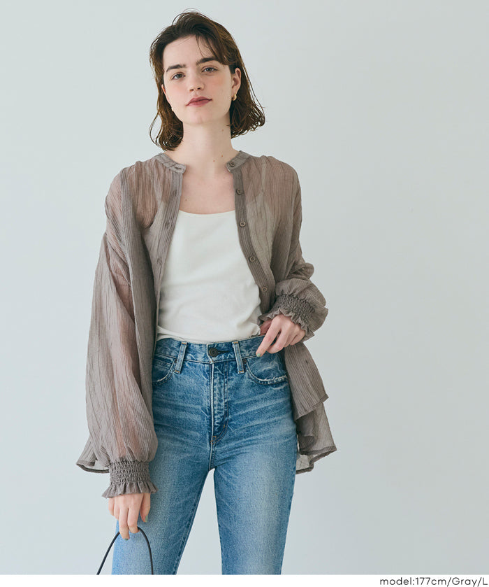 Round neck sheer A-line slim shirt