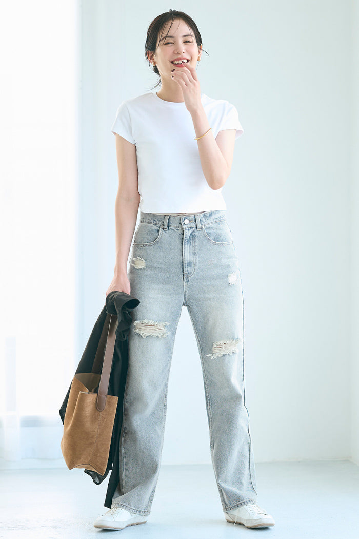 ripped straight-leg high-waist jeans