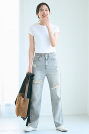 ripped straight-leg high-waist jeans