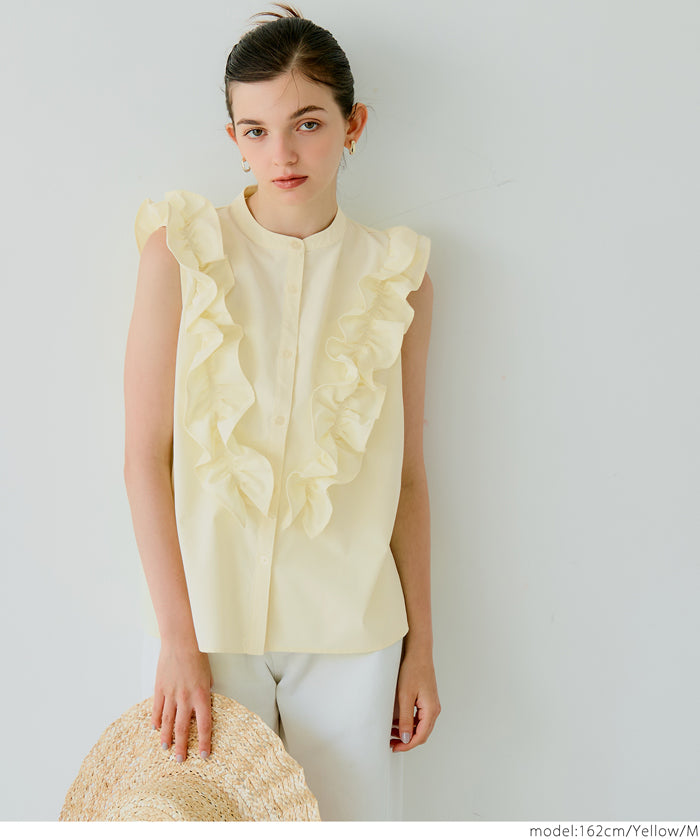 Japanese style ruffled sleeveless shirt for commuting