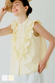 Japanese style ruffled sleeveless shirt for commuting