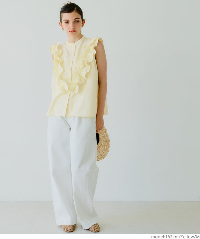 Japanese style ruffled sleeveless shirt for commuting