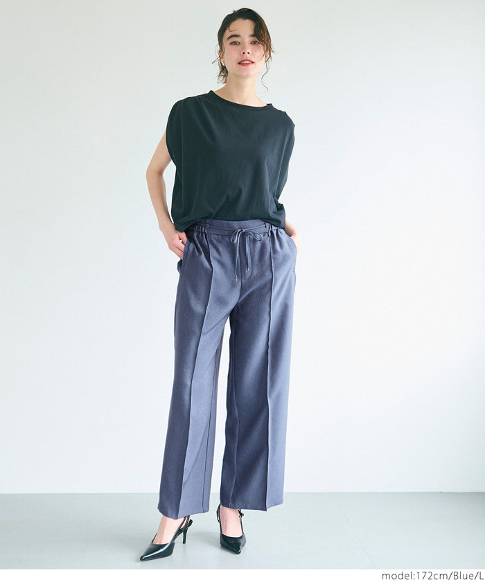 Elastic denim style commuter mid-line wide-leg pants