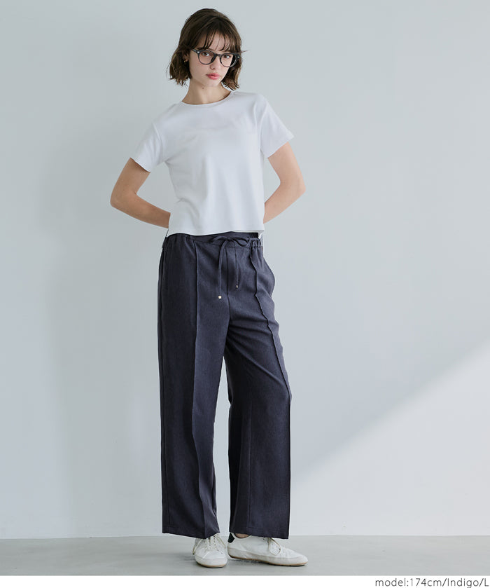 Elastic denim style commuter mid-line wide-leg pants
