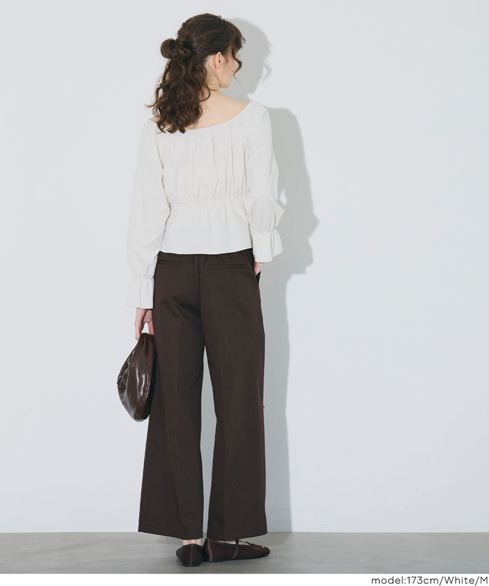 2 way boat neckline waist-cinching long-sleeved top