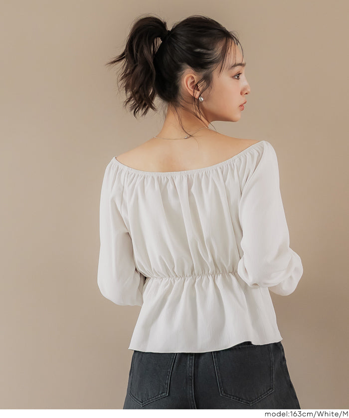 2 way boat neckline waist-cinching long-sleeved top