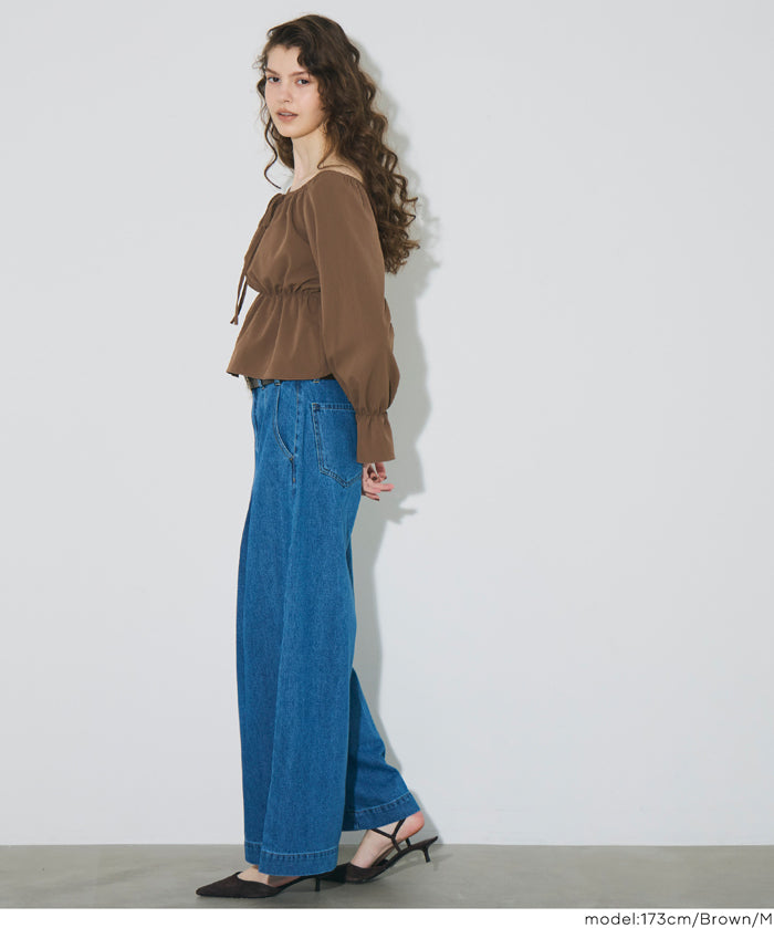 2 way boat neckline waist-cinching long-sleeved top