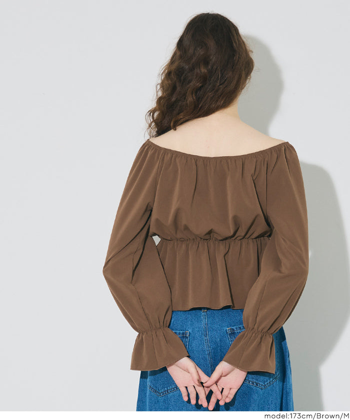 2 way boat neckline waist-cinching long-sleeved top