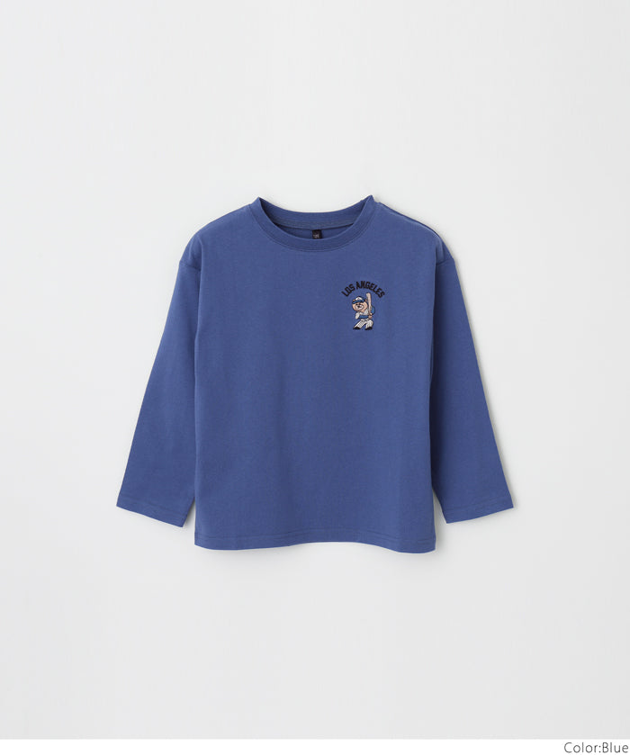 Kids' Baseball Bear Embroidered Cotton Long-Sleeved Top